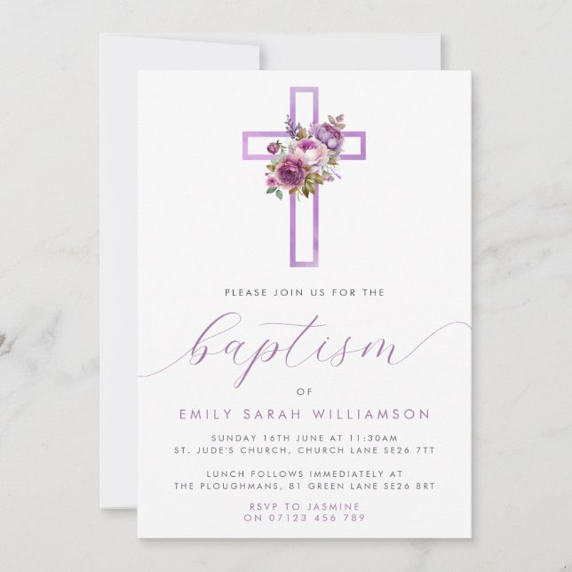 Invitation Baptême de bébé de la Croix Florale pourpre (Devant)
