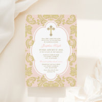 Baptême de Bébé Fille au Damassé Rose et Or Élégan