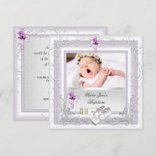 Invitation Baptême de bébé fille blanc lilas rose