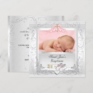Invitation Baptême de Bébé Fille Blanc Rose