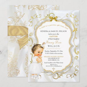 Invitation Baptême de bébé fille Croix dorée Paillettes