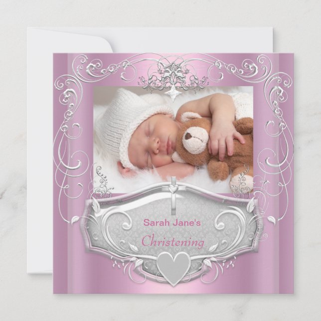 Invitation Baptême de bébé fille Croix rose argentée (Devant)