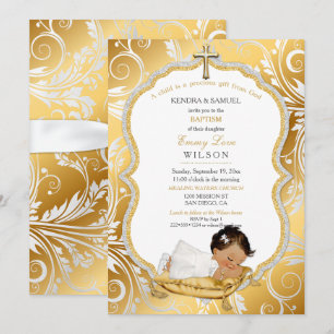 Invitation Baptême de bébé fille ethnique Croix en or