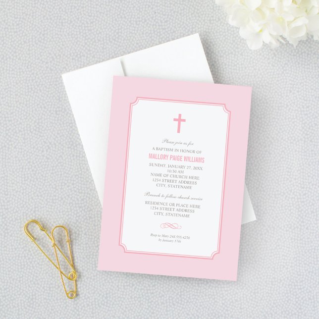 Invitation Baptême de Bébé Fille Rose Simplement Élégant (Créateur téléchargé)