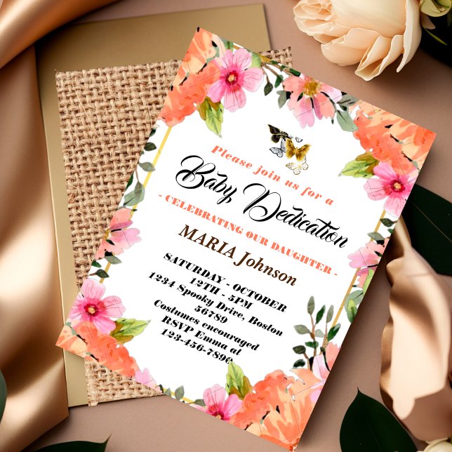 Invitation Baptême de bébé floral aquarelle papillon girly  (Créateur téléchargé)