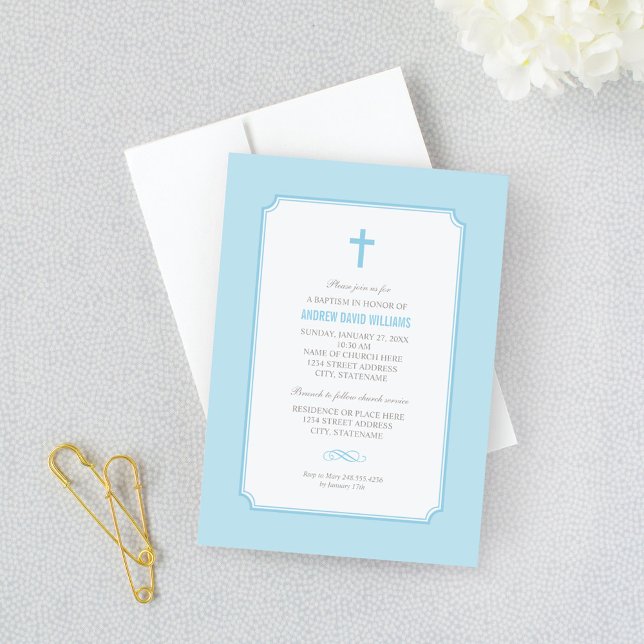 Invitation Baptême de bébé garçon bleu simplement élégant (Créateur téléchargé)