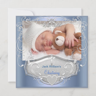 Invitation Baptême de bébé garçon croix bleue argentée