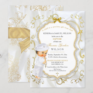 Invitation Baptême de bébé garçon croix dorée paillettes