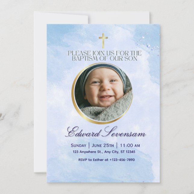 Invitation Baptême de bébé garçon Editable Blue Cloud  (Devant)