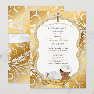 Invitation Baptême de bébé garçon ethnique Croix en or