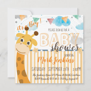 Invitation Baptême de bébé garçon fun et lumineux Girafe