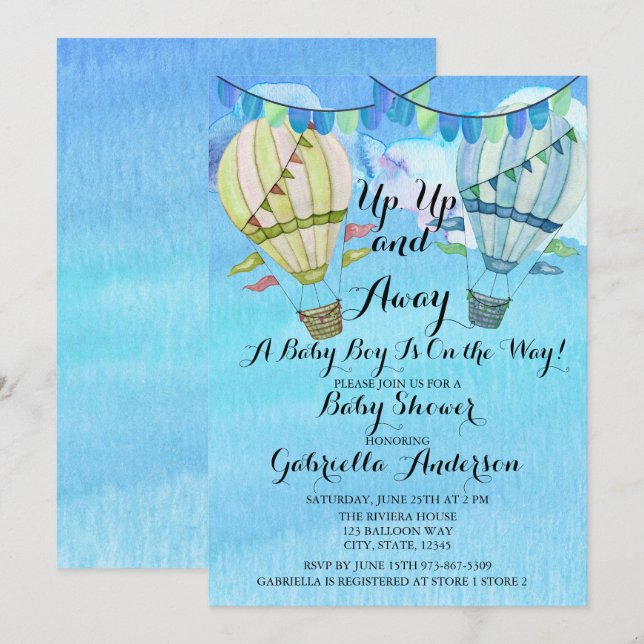 Invitation Baptême de bébé garçon Montgolfière à l'aquarelle (Devant / Derrière)