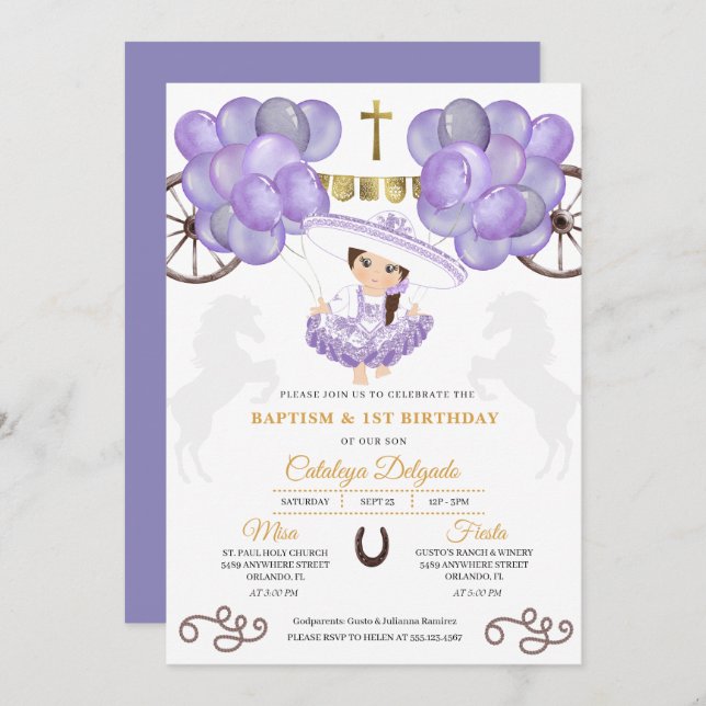 Invitation Baptême de bébé violet et or Charra robe Ballons B (Devant / Derrière)