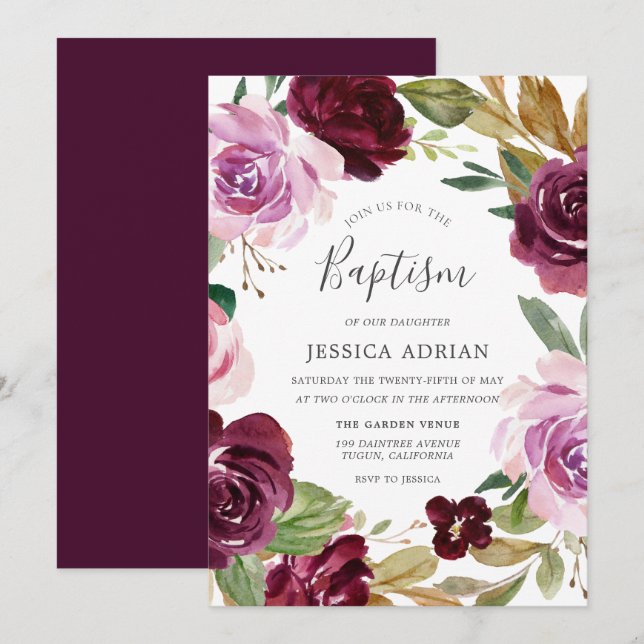 Invitation Baptême de Berry et d'Aquarelle Lilac en Bourgogne (Devant / Derrière)
