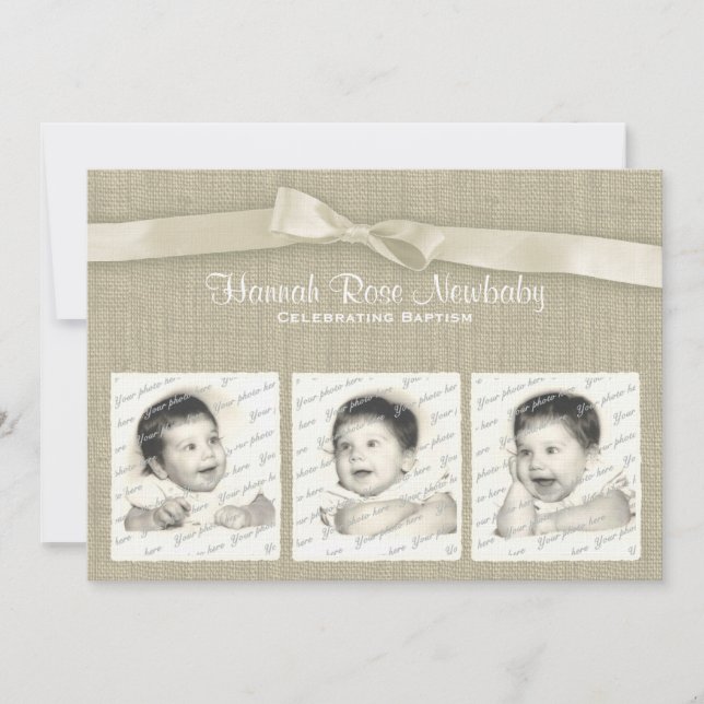 Invitation Baptême de Burlap et de Bow avec photos (Devant)