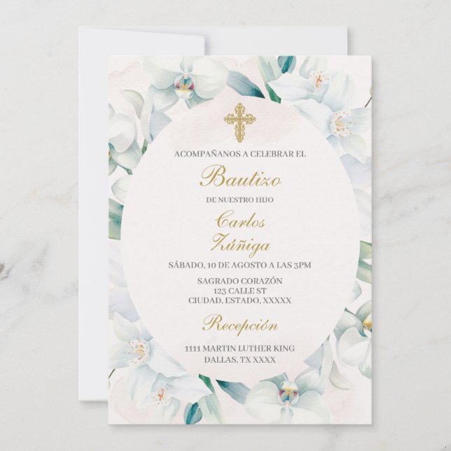 Invitation Baptême de cadre fleuri blanc pour garçon (Devant)
