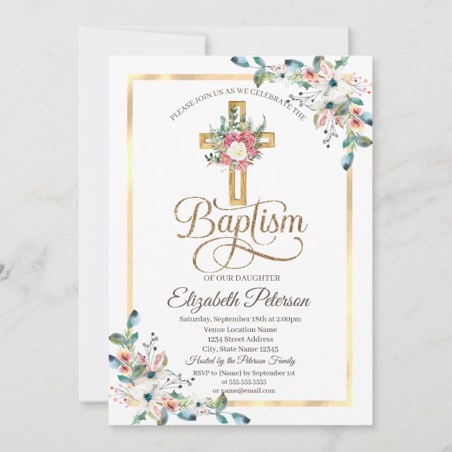 Invitation Baptême de cadre Rose croisé (Devant)
