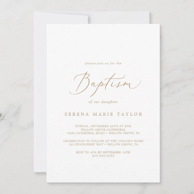 Invitation Baptême de calligraphie or délicate (Devant)