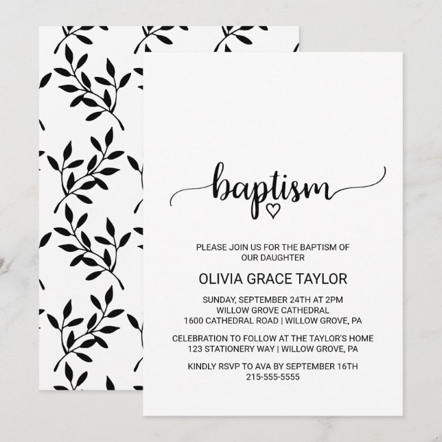 Invitation Baptême de calligraphie simple en noir et blanc (Devant / Derrière)