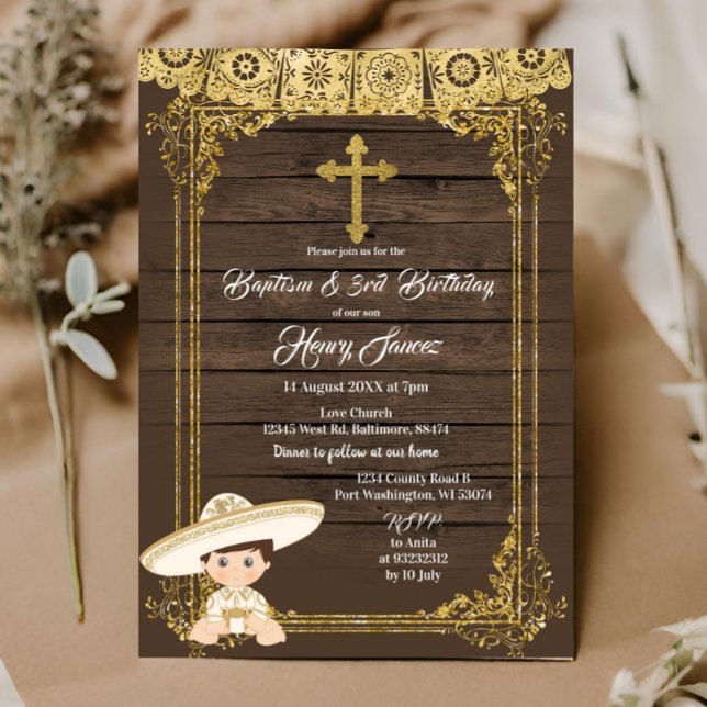 Invitation Baptême de Charro mexicain blanc et or & 3ème anni (Créateur téléchargé)