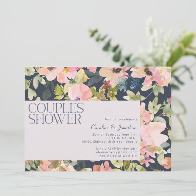 Invitation Baptême de couple floral aquarelle bleu marine mod (Debout devant)