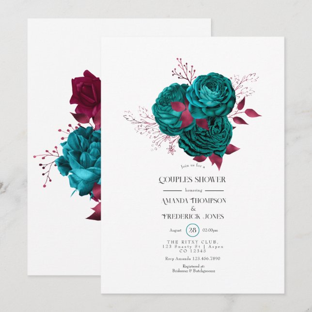 Invitation Baptême de couple floral turquoise et burgundy (Devant / Derrière)