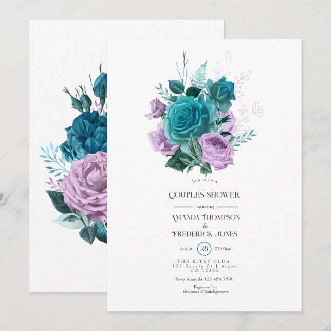 Invitation Baptême de couple floral turquoise et lavande (Devant / Derrière)