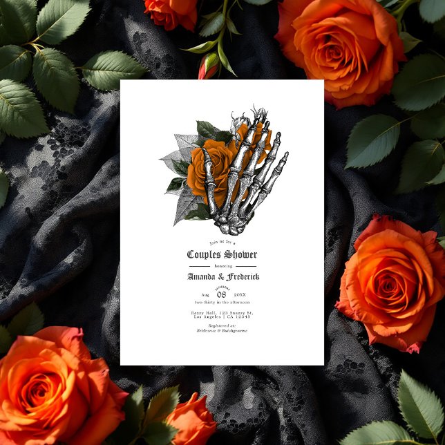 Invitation Baptême de couple Main de squelette gothique & Ros (Gothic Skeleton Hand & Orange Rose Couples Shower Invitation)