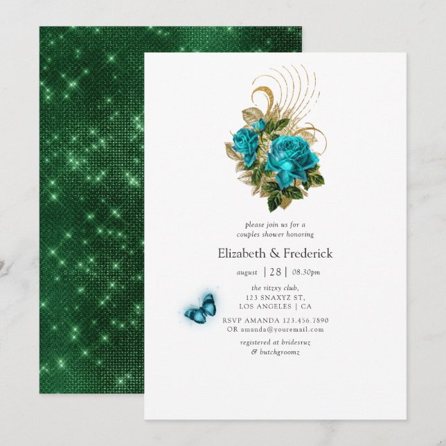 Invitation Baptême de couple Turquoise et Or Fantaisie (Devant / Derrière)