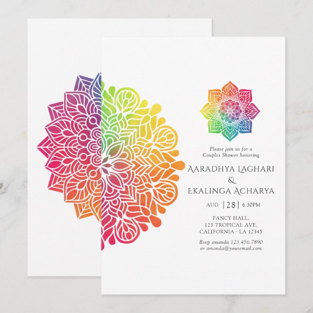 Invitation Baptême de couples indiens Mandala Arc-en-ciel (Devant / Derrière)