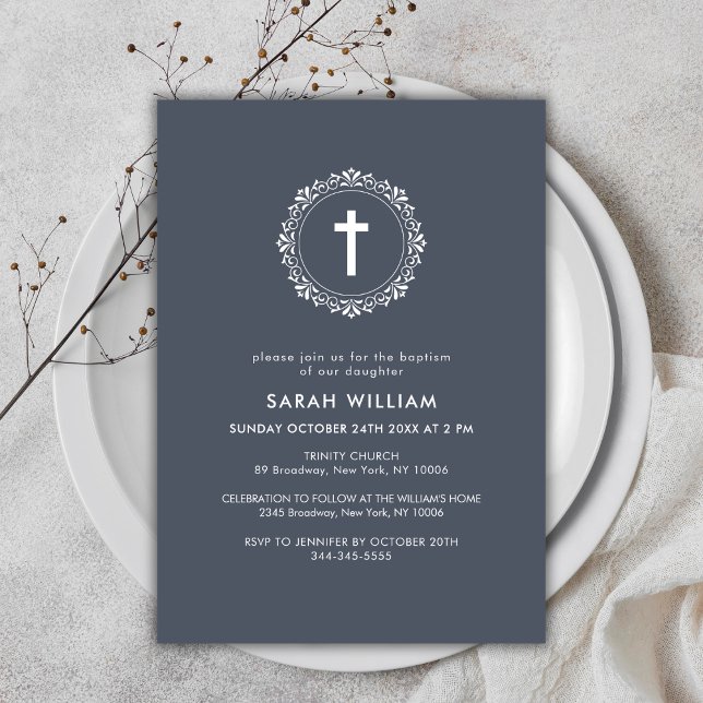 Invitation Baptême de couronne classique en bleu foncé (Dark Blue Elegant Classic Cross Wreath Baptism Invitation)
