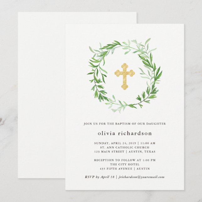 Invitation Baptême de couronne verte Feuille (Devant / Derrière)