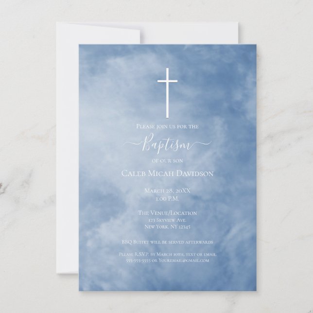 Invitation Baptême de croix céleste des nuages bleu et blanc (Devant)