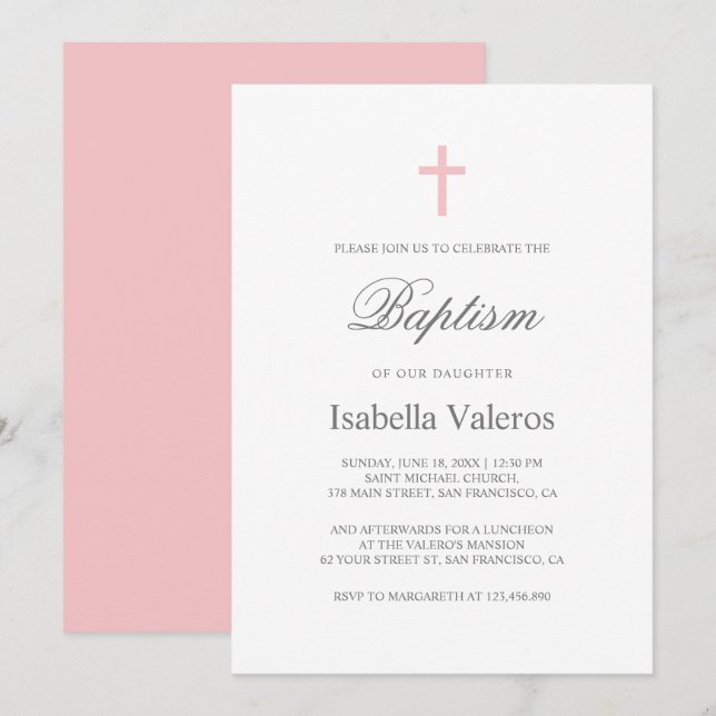 Invitation Baptême de croix rose simple et élégant (Devant / Derrière)