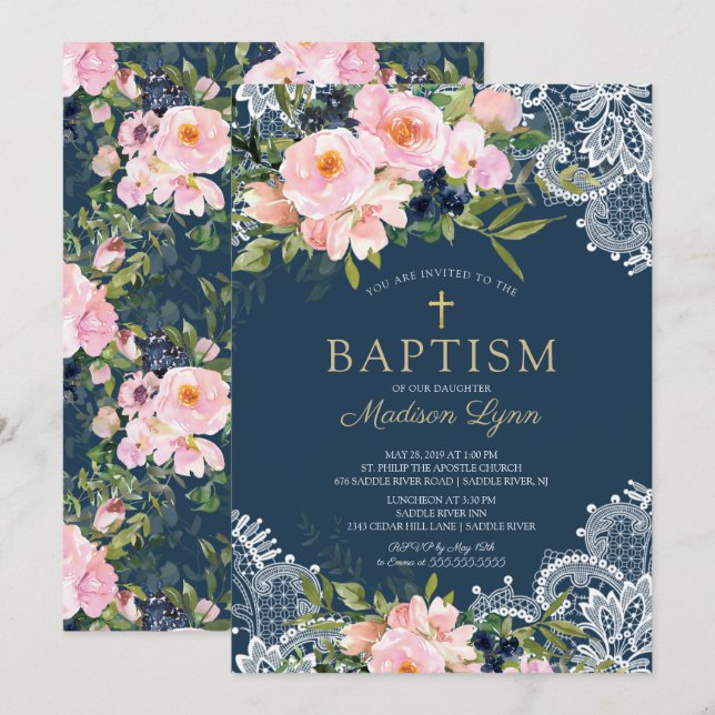 Invitation Baptême de dentelle des Roses et des pivoines (Devant / Derrière)
