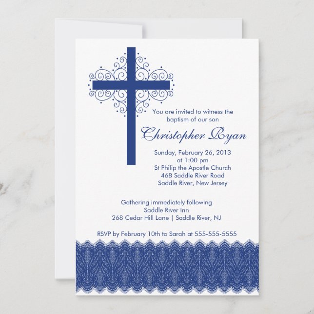 Invitation Baptême de dentelle élégante| Croix du Christ (Devant)