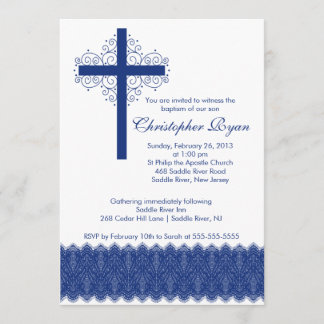 Invitation Baptême de dentelle élégante| Croix du Christ