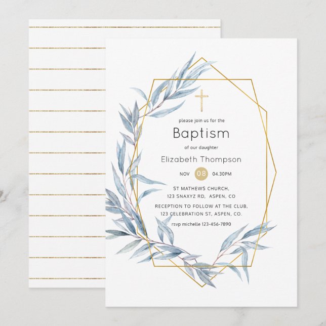 Invitation Baptême de feuille d'eucalyptus géométrique bleu e (Devant / Derrière)