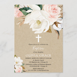 Invitation Baptême de fille à fleurs blanches rousses