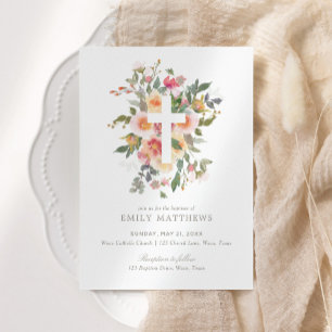 Invitation Baptême de fille aux fleurs roses