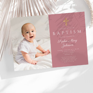 Invitation Baptême de fille avec croix de script rose moderne