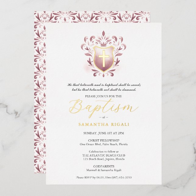 Invitation Baptême de fille Cimier Rose Dusty (Recto/Verso)