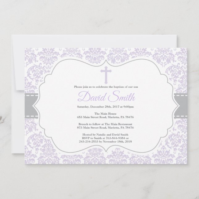 Invitation Baptême de Fille Damas violet et gris (Devant)
