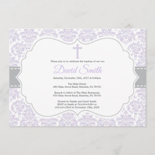 Invitation Baptême de Fille Damas violet et gris