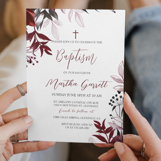 Invitation Baptême de fille de Bourgogne moderne et simple (Créateur téléchargé)