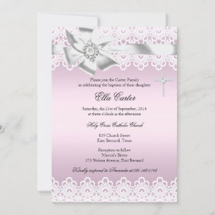 Invitation Baptême de fille de croix de cor rose e