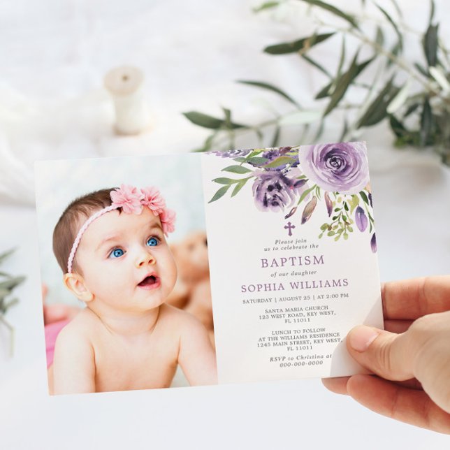Invitation Baptême de fille de photo florale Rose violette (Créateur téléchargé)