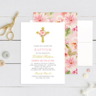 Invitation Baptême de fille élégant croix florale rose or