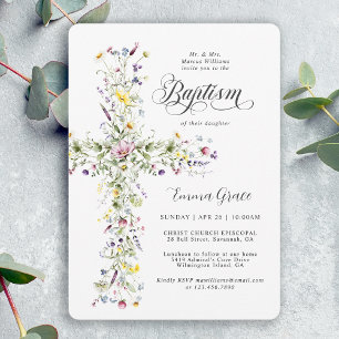 Invitation Baptême de fille Fleur sauvage florale Croix