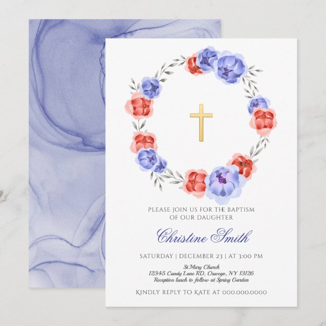 Invitation Baptême De Fille Florale De Couronne Bleue Et Roug (Devant / Derrière)